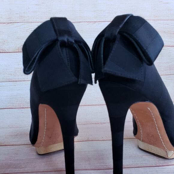 Alice + Olivia by Stacey Bendet Black Faille Fabric Platform Heels Bow Pumps - Picture 5 of 16